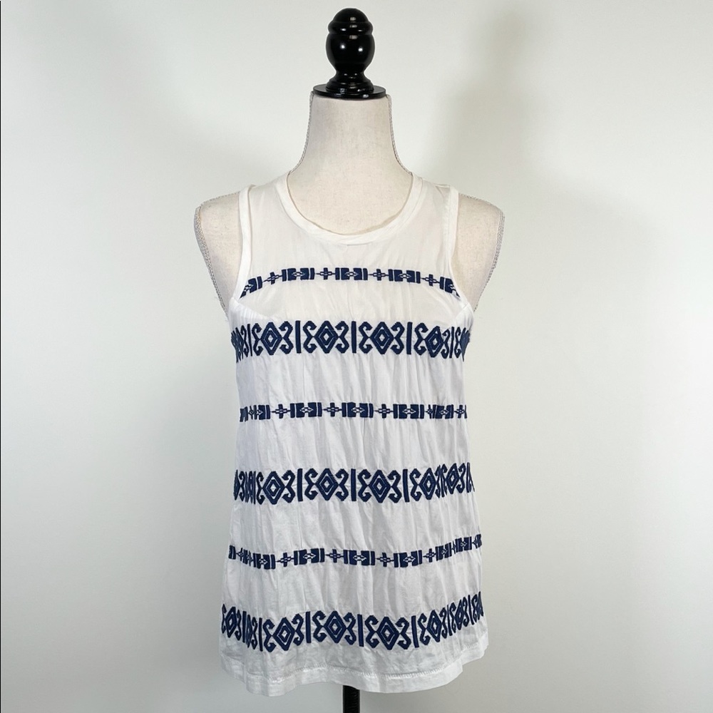 Madewell White Blue Embroidered Scoop Neck Tank